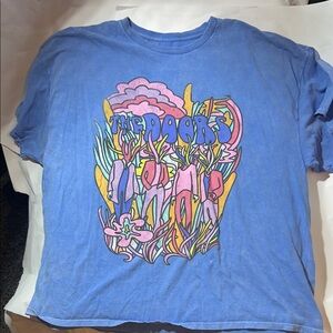 The Doors Blue Graphic Tee with Psychedelic Floral Band Art Stone Wash Effect